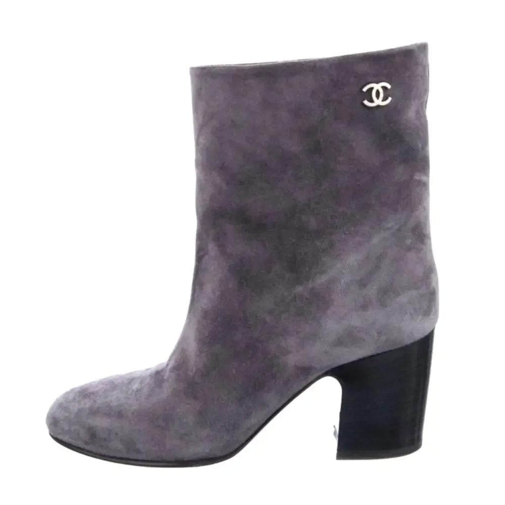 CHANEL Grey Suede Calfskin Short Boots IT 36.5